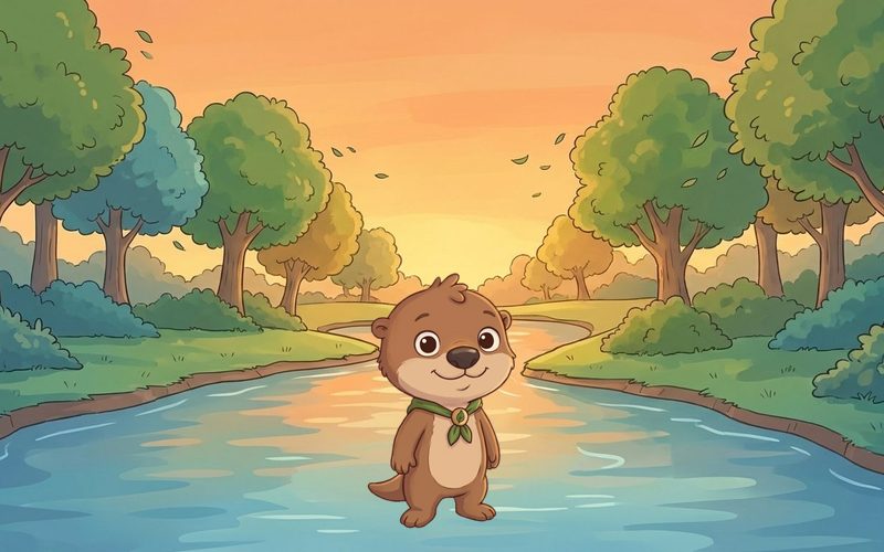 Ollie the Otter standing on the bayou river at sunset