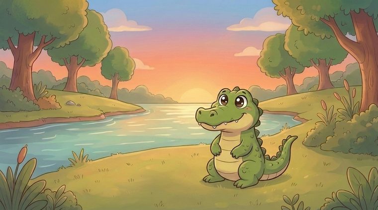 Addie the Alligator by the bayou at sunset
