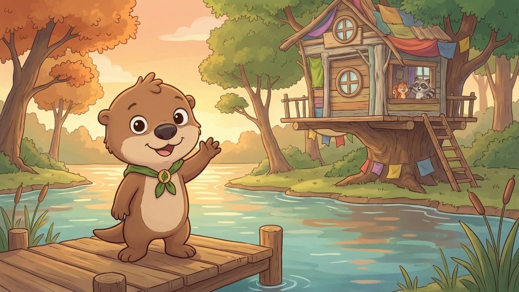 Ollie the Otter on the dock at his bayou treehouse