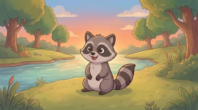 Rollie Raccoon by the bayou river at sunset