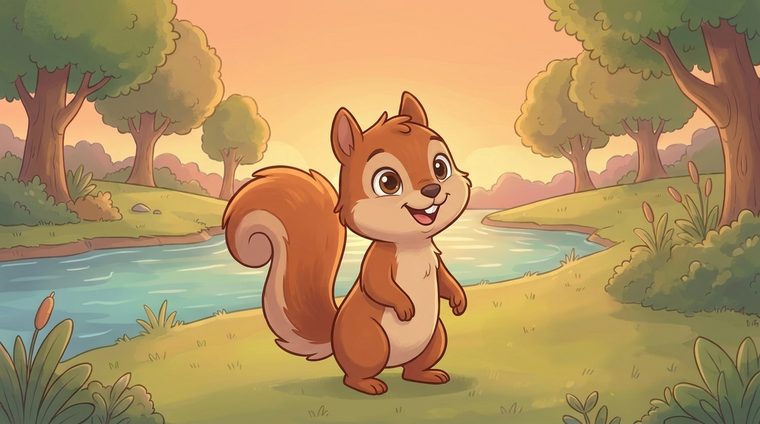 Sorrel Squirrel standing by the bayou river