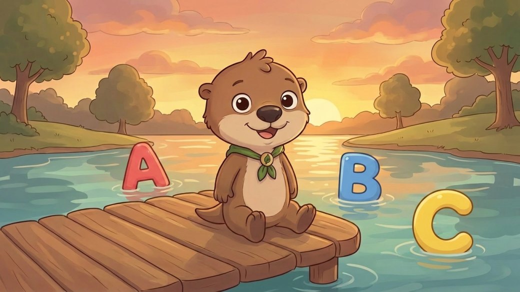 Ollie the Otter on the dock with floating A, B, and C letters
