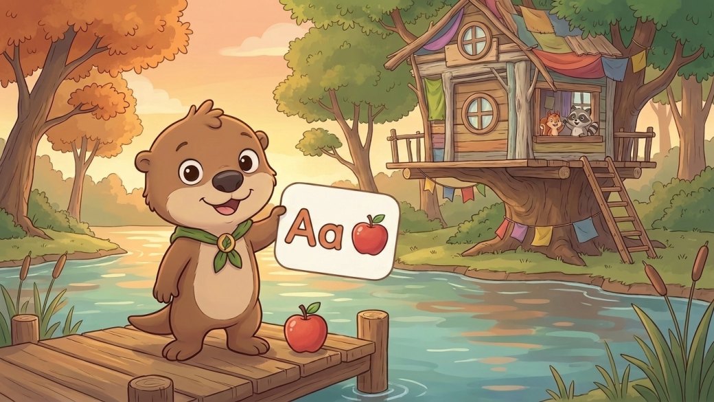 Ollie the Otter holding an A a apple sign on the dock