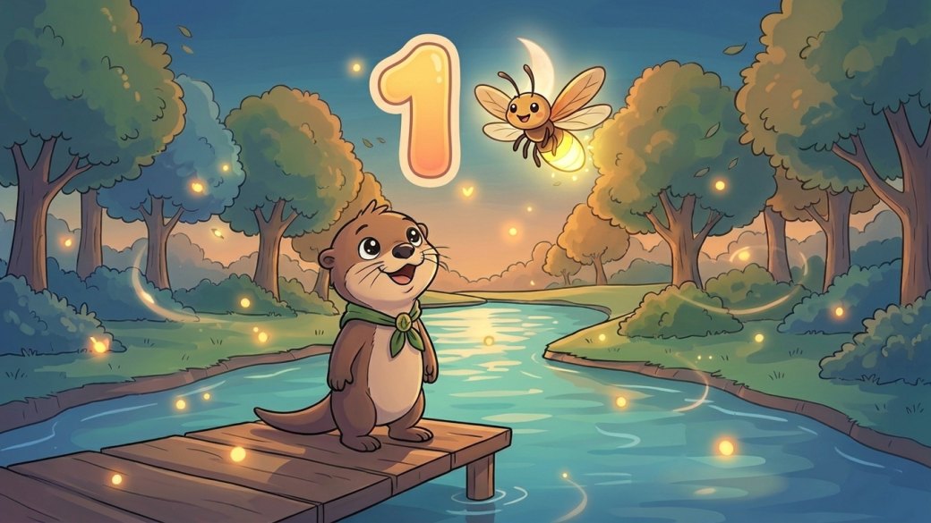 Ollie the Otter counting glowing fireflies at dusk