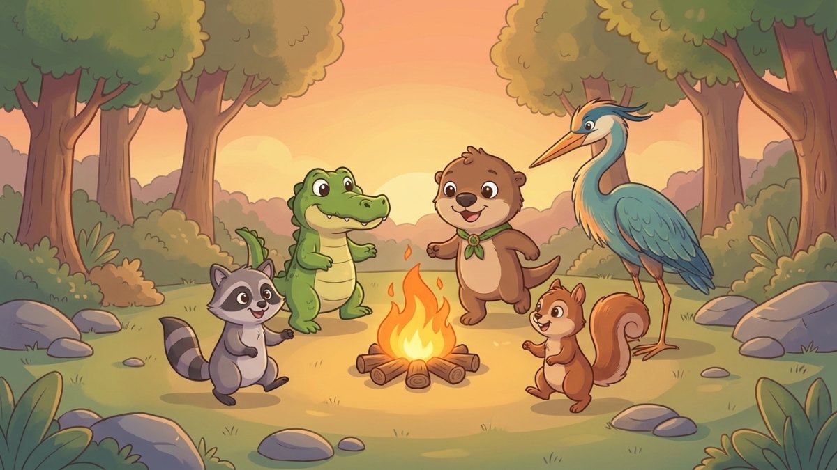 Ollie and all the Bayou Besties singing around a campfire